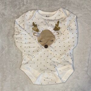 (3 for $10) Cream Long-Sleeve Reindeer One-Piece Bodysuit with Gold Accents